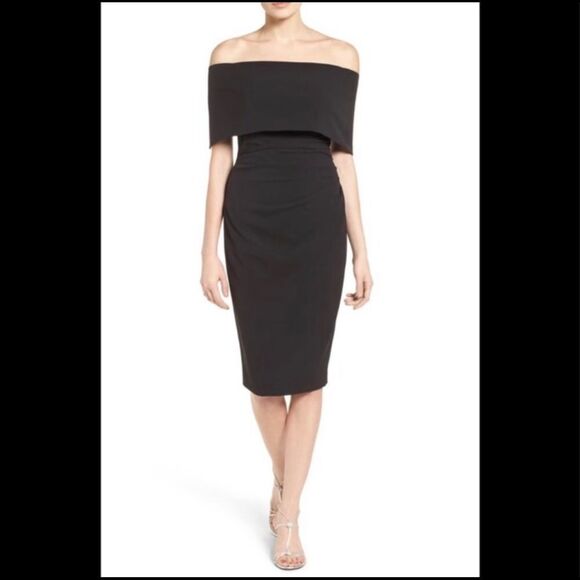 Vince camuto NWOT black fold off the shoulder midi cocktail dress - Picture 7 of 16